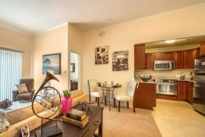 A view of the kitchen and living room of one of Covenant Living's apartments.