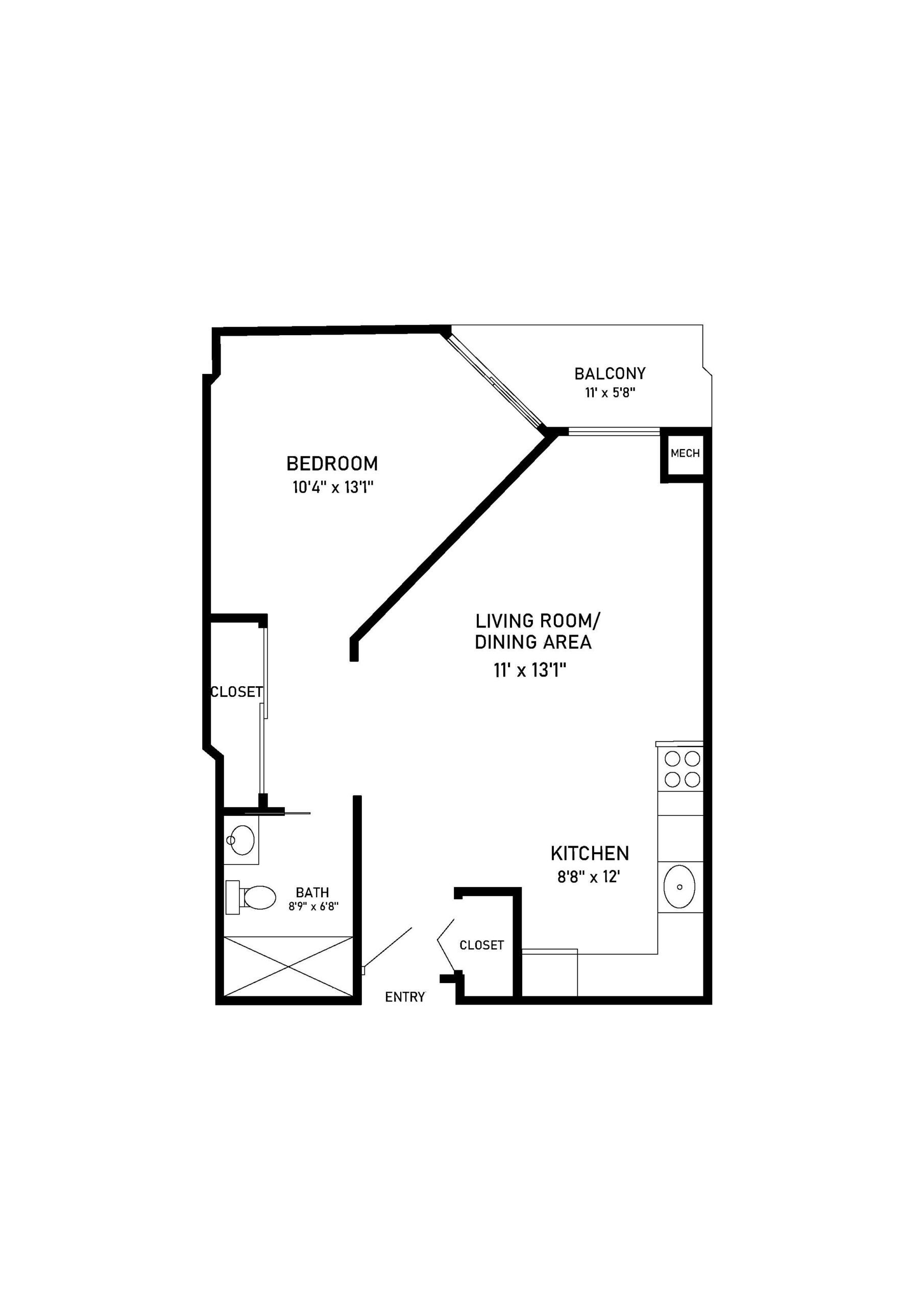 Balsam 1 bed 1 bath apartment floor plan