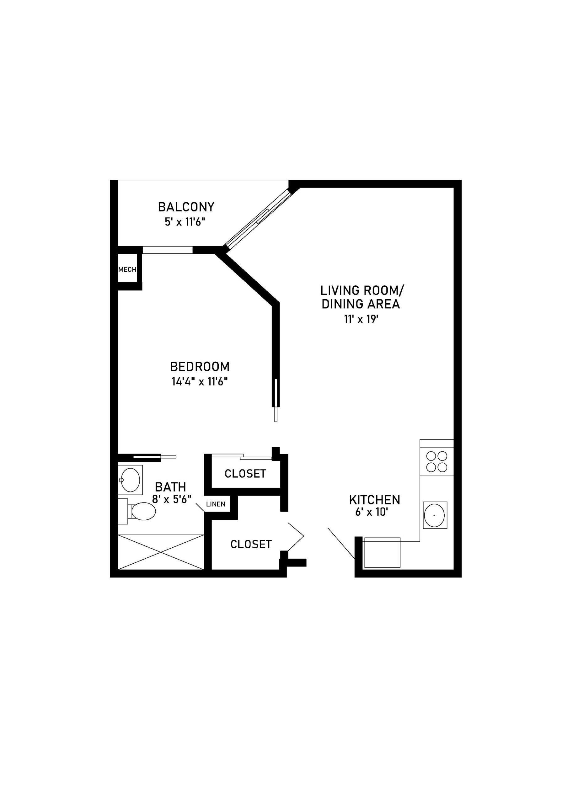 Balsam 1 bed 1 bath apartment floor plan