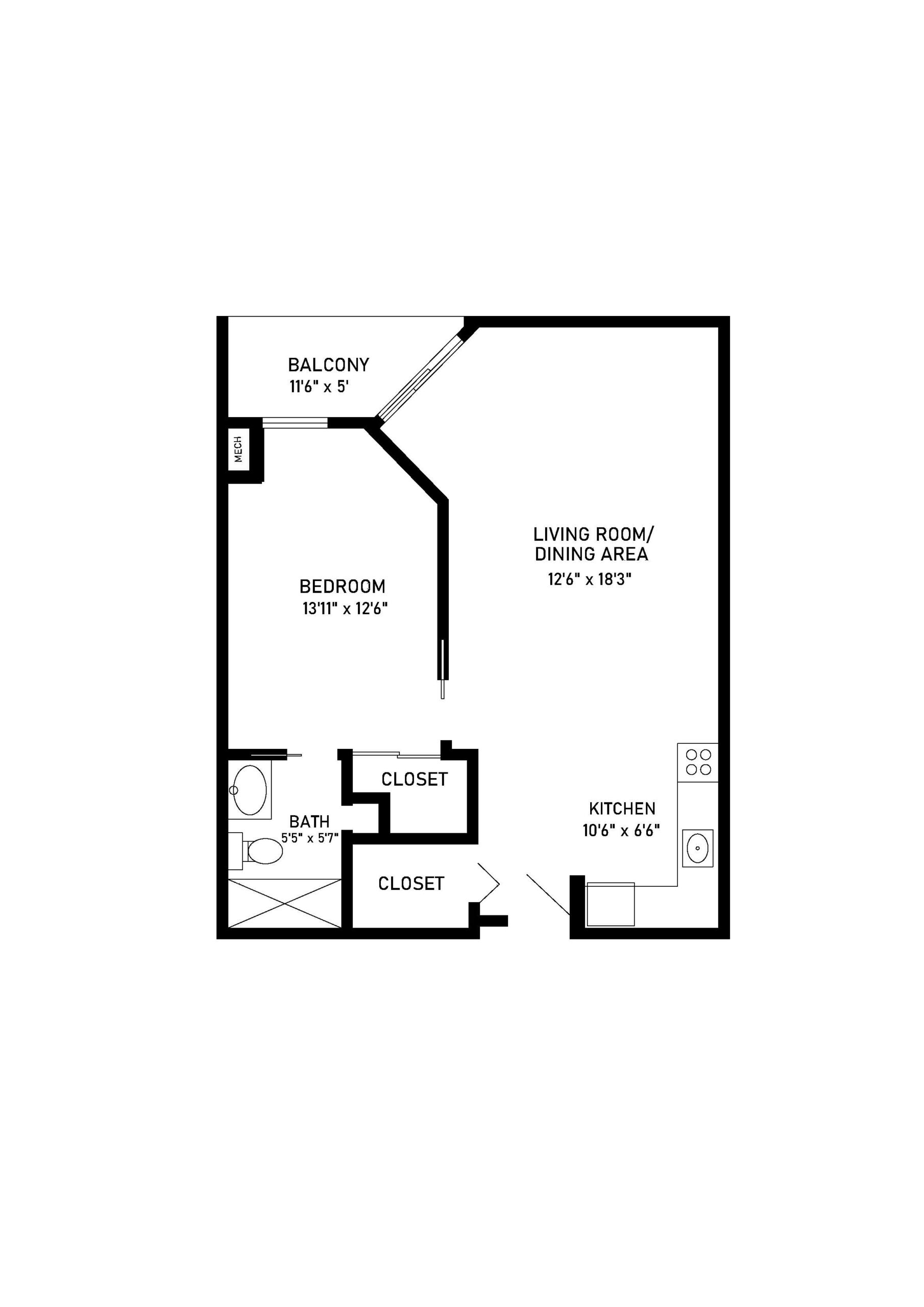 Birch 1 bed 1 bath apartment floor plan