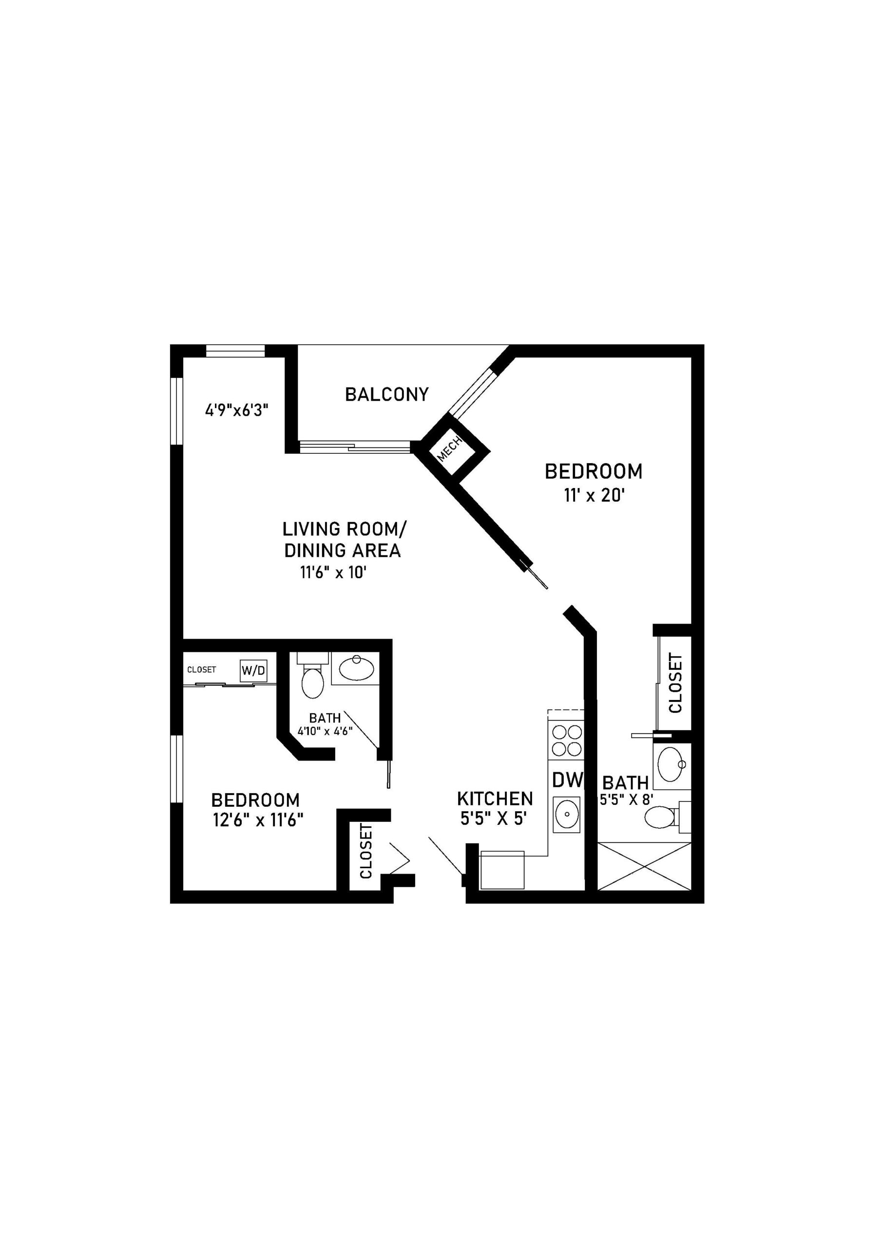 Cedar 2 bed 1 bath apartment floor plan