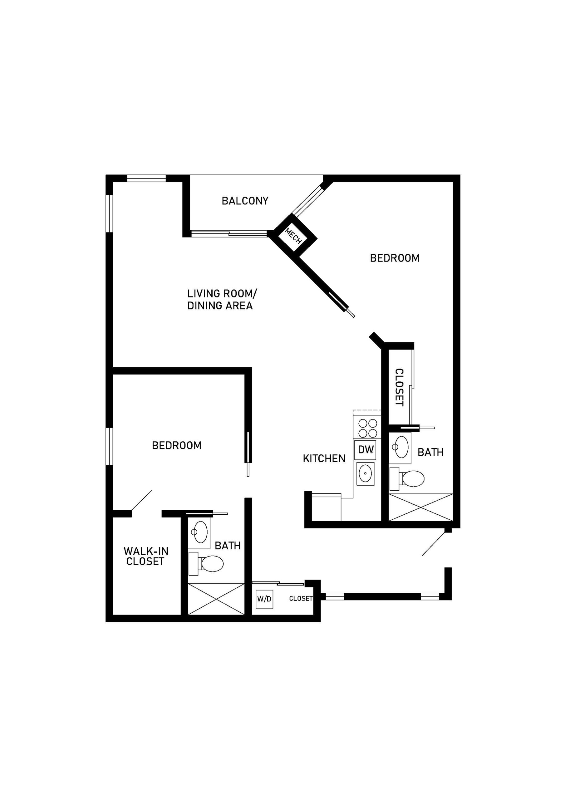 Chestnut 2 bed and 2 bath apartment floor plan