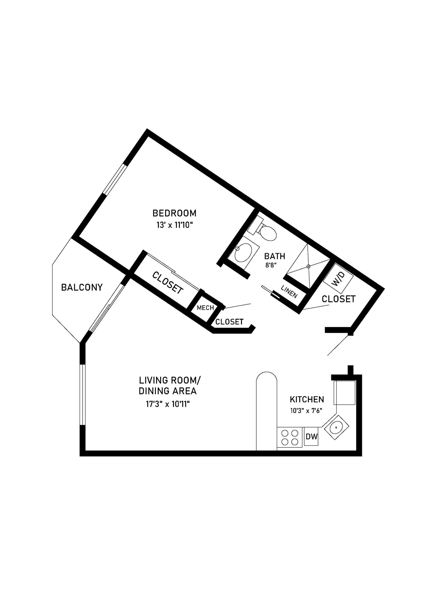 Hawthorne 1 bed 1 bath apartment floor plan
