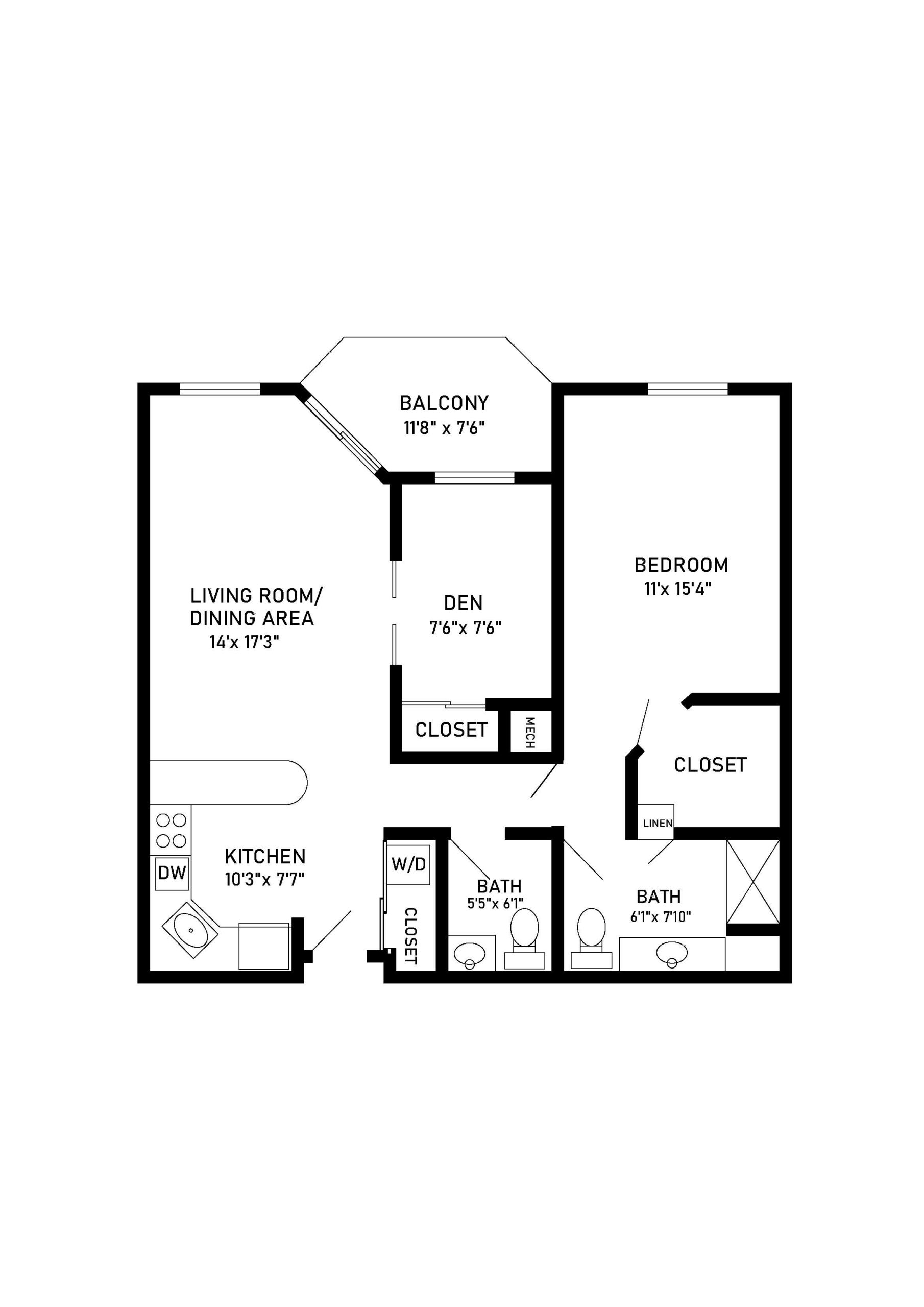 Juniper 1 bed 1 bath apartment floor plan