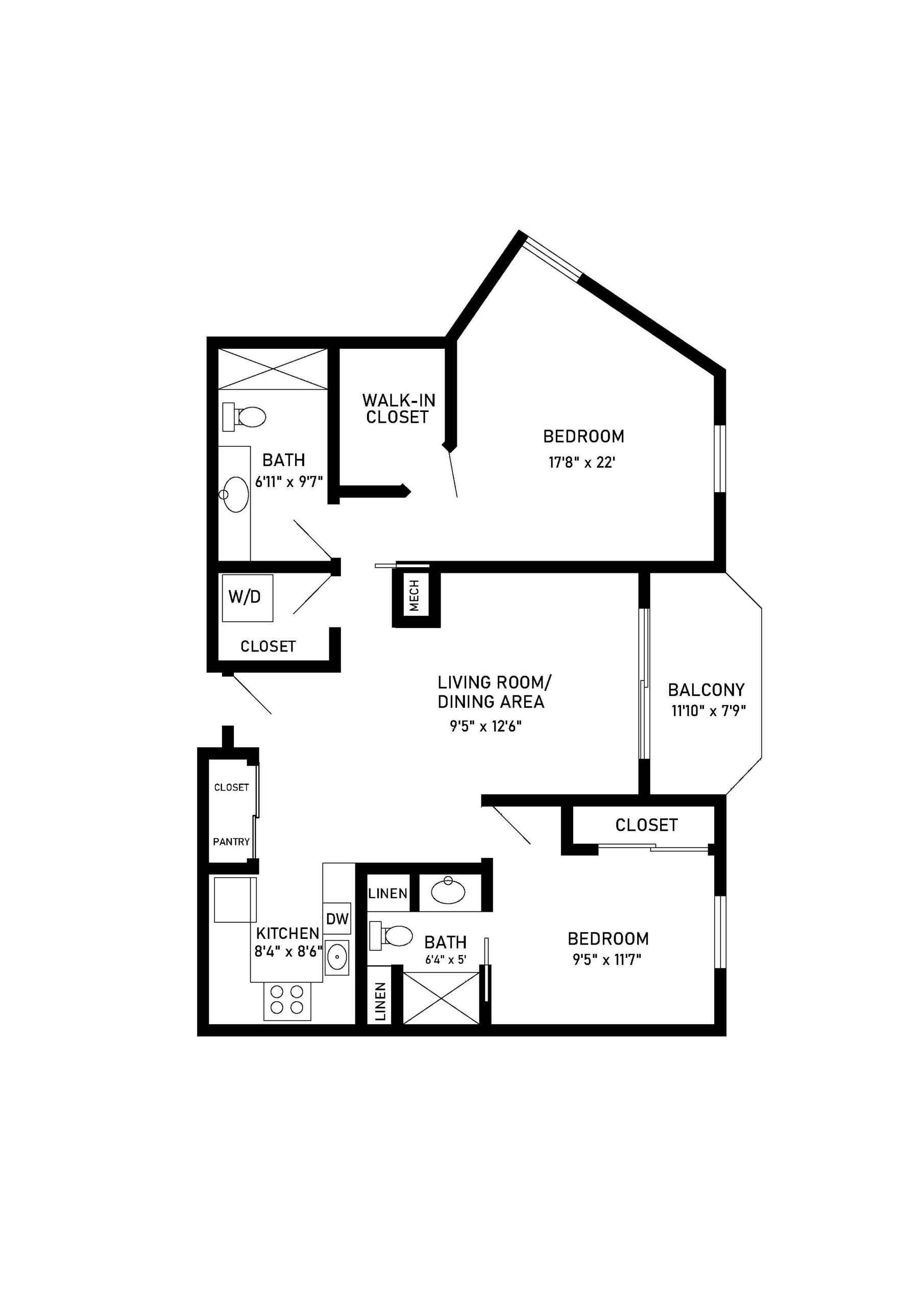 Maple 2 bed 2 bath apartment floor plan