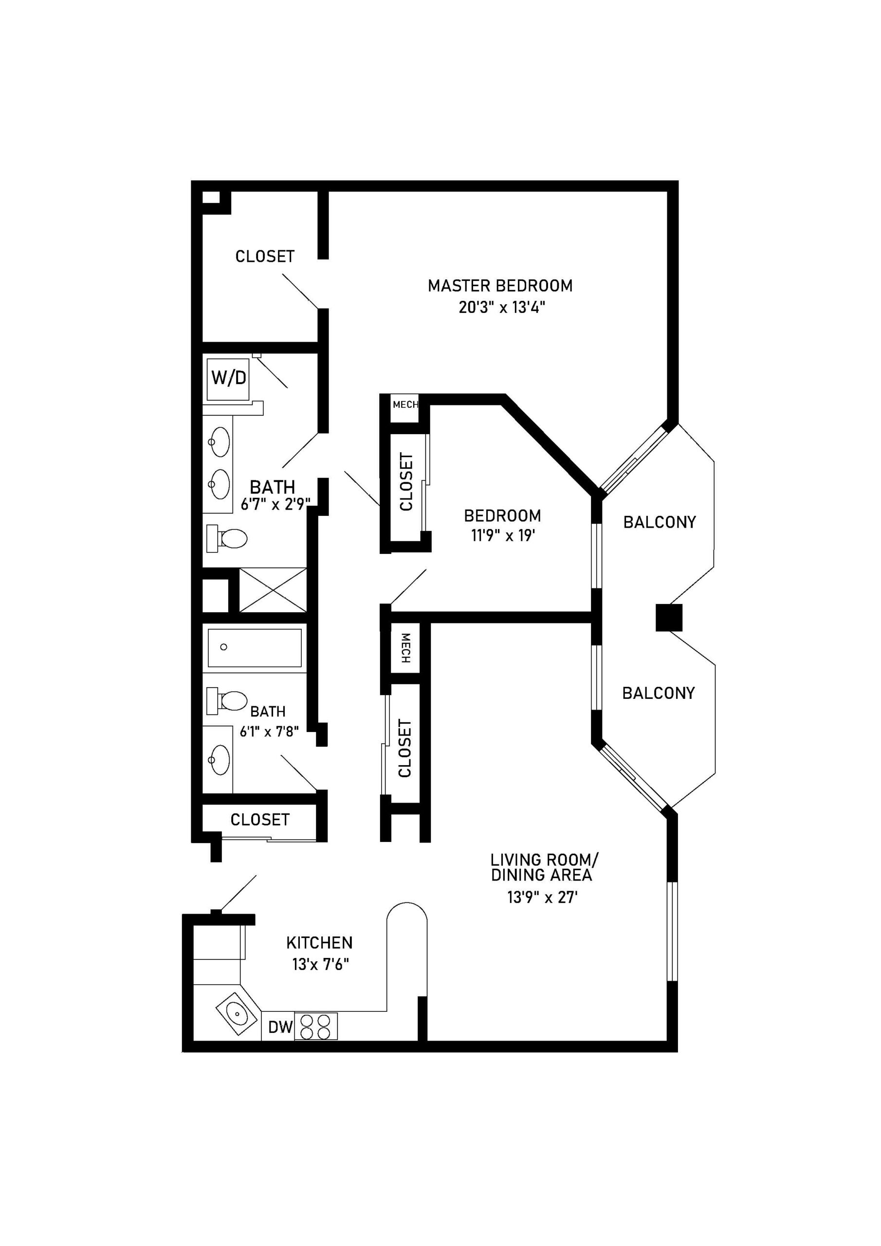 Spruce 2 bed 2 bath apartment floor plan