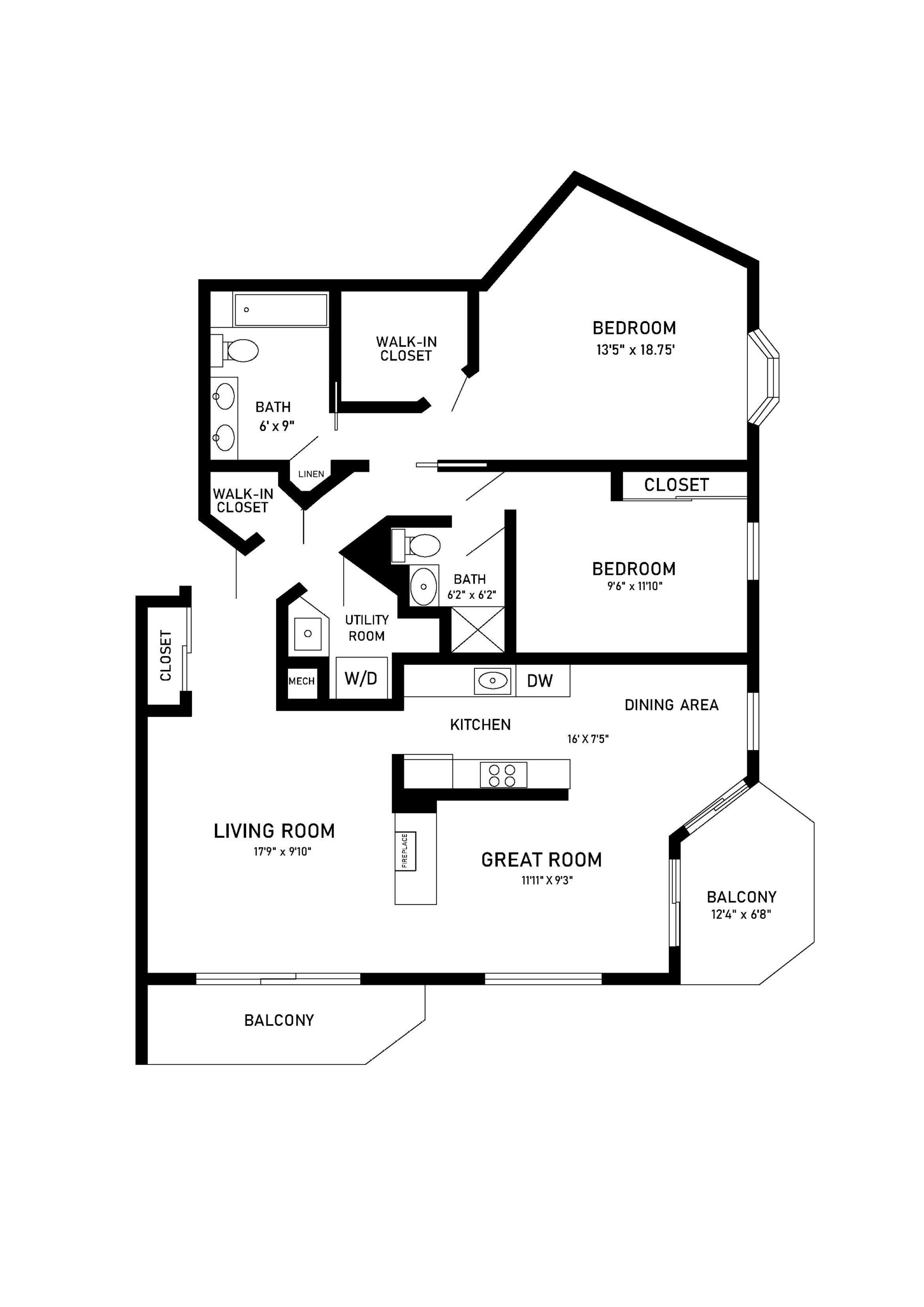 Walnut 2 bed 2 bath apartment floor plan