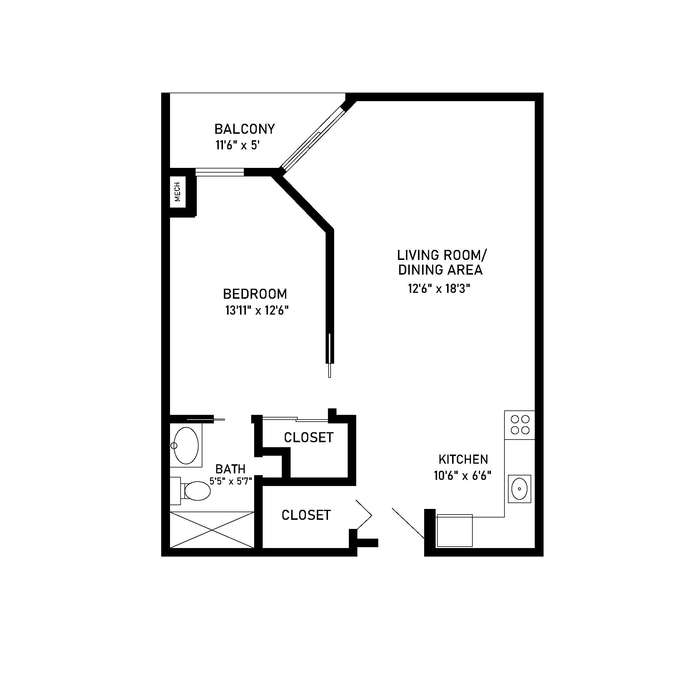 Birch 1 bed 1 bath apartment floor plan
