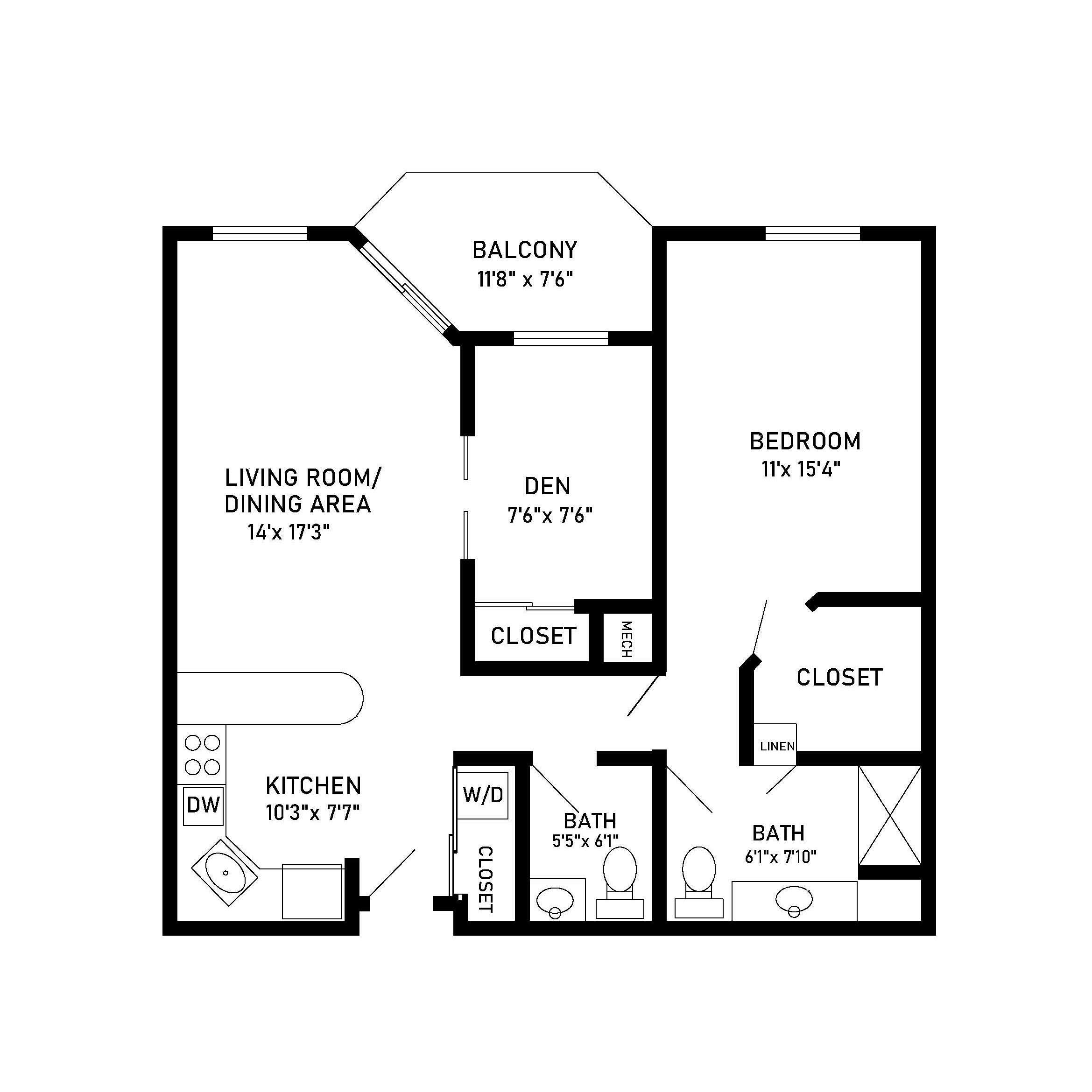 Juniper 1 bed 1 bath apartment floor plan