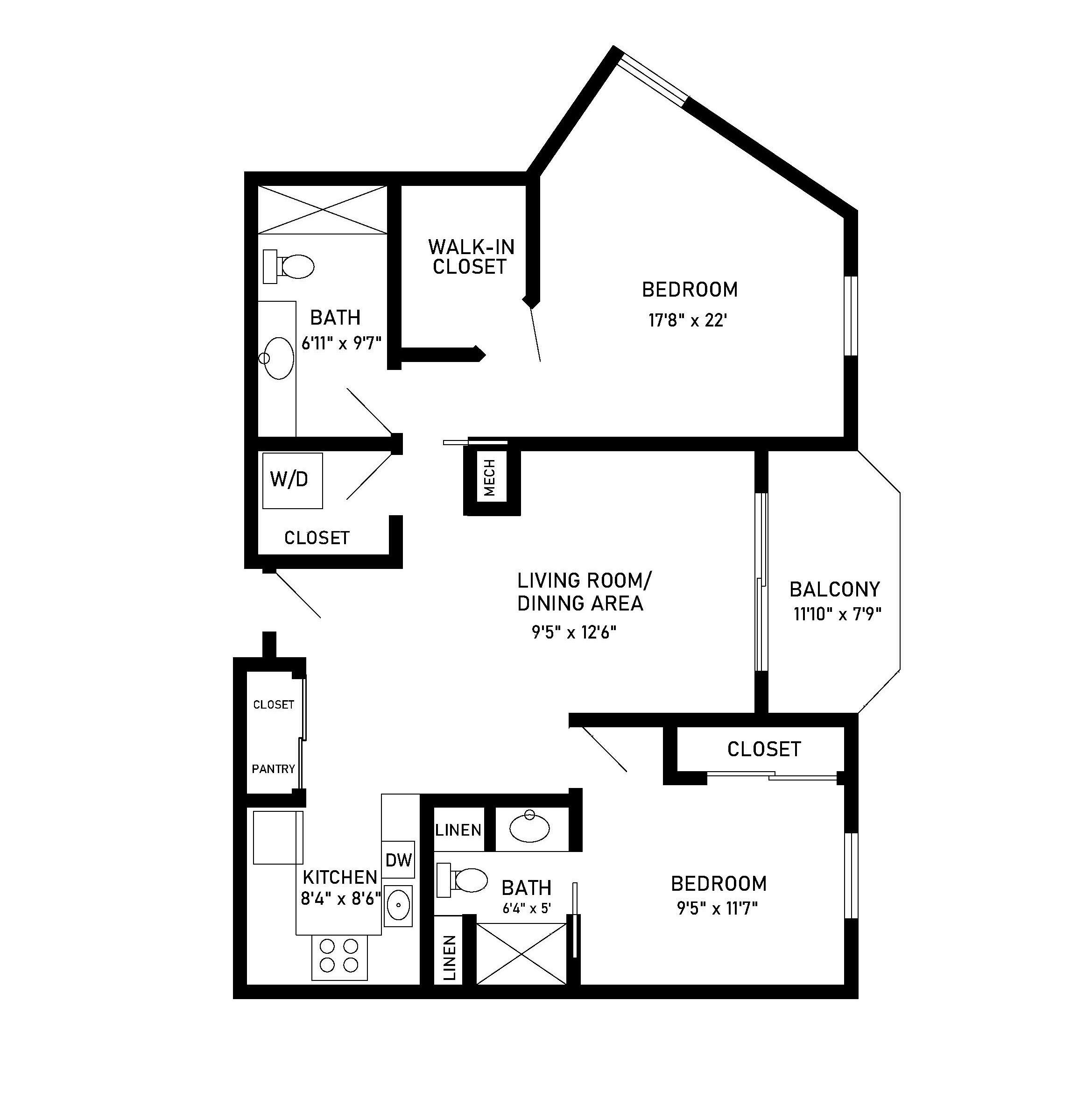 Maple 2 bed 2 bath apartment floor plan